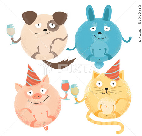 set of 4 Cheerful round animals on holiday with... - Stock Illustration  [95505535] - PIXTA