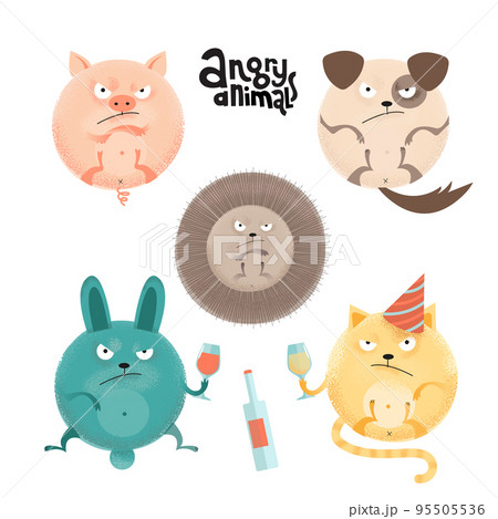 Set of angry roung anilams and pets. Flat cartoon style illustration with textures of pig, dog, hedgehog, rabbit, cat with wineglasses and bottle. Collection with lettering quote. 95505536