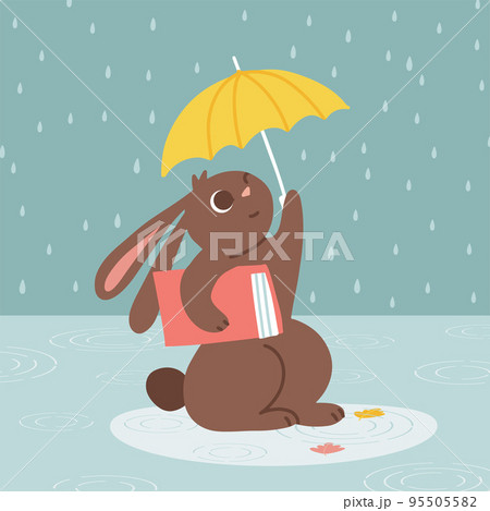 Rabbit walking under umbrella with book. Autumn rainy postcard. Bunny or hare - childish mascot 2023 symbol year. Seasonal flat cartoon vector illustration 95505582