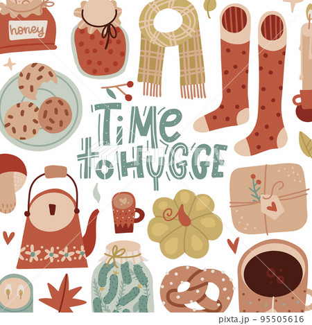 Cozy greeting card template with cozy home things like candles, socks, tea and cookies. Letteringquote - Time to Hygge - Danish living concept. Flat hygge vector illustration. Cozy greeting card template with cozy home things like candles, socks, tea and cookies. Letteringquote - Time to Hygge - Danish living concept. Flat hygge vector illustration. 95505616