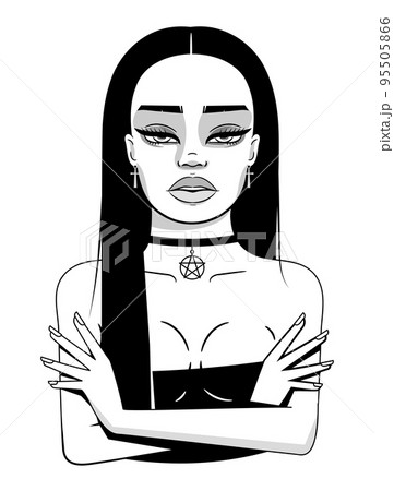 Pretty fortune teller looking through a crystal ball. Vector hand drawn 95505866