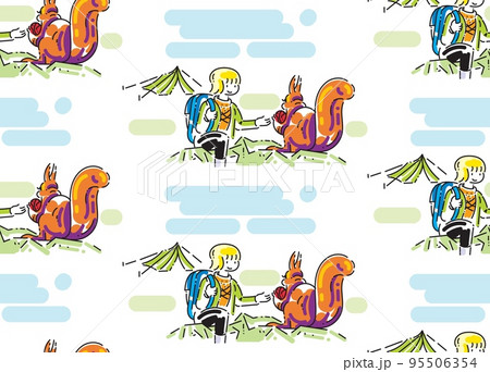 Seamless vector pattern - girl tourist and cute squirrel Seamless vector pattern - girl tourist and cute squirrel 95506354