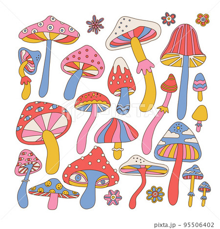 Set of stylizes hippie mushrooms. Summer psychedelic elemenst in 70s and 80s style. Vibrant groovy and funky fungus. Kidcore rainbow tattoo stickers. Vintage nostalgia collection. Vector illustration. 95506402