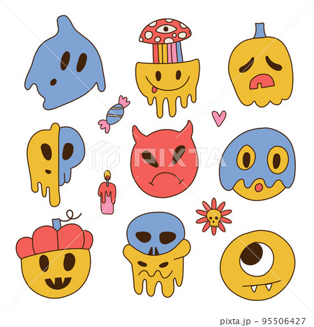 Set of melted smile emoji of Halloween spooky characters for t-shirt, sticker. Groovy funny faces of monsters. Hippie design elements. Vector contour illustration 95506427