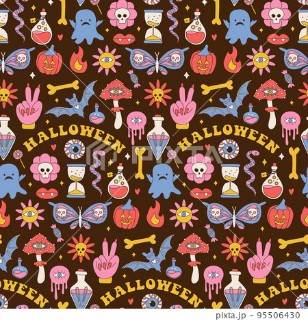 Colorful seamless pattern with mushrooms, ghost, pumpkin and magic potion. Groovy hippie Halloween Retro 60s, 70s style background. Psychedelic textile, fabric and wrapping paper. Vector illustration. 95506430