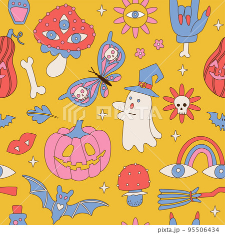 Retro 70s 60s Hippie Halloween seamless pattern...のイラスト素材 [95506434] - PIXTA