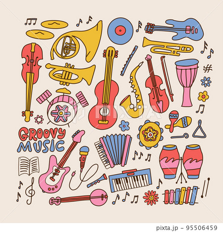 Set of outline vintage musical instruments - records, musical devices and equipments for playing music. Retro 70s style guitar, banjo, drum, tambourine. Vector hand drawn illustration isolated 95506459