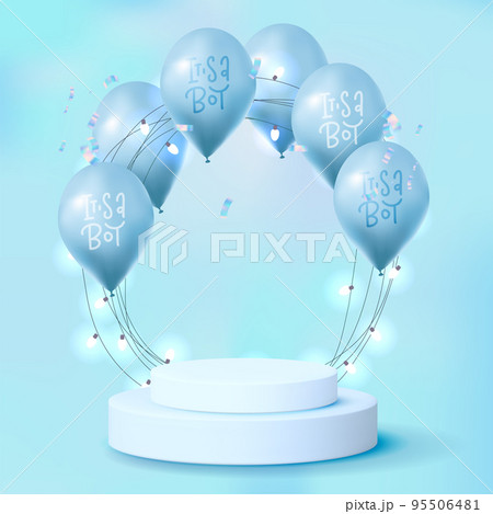 it s a boy concept. Realistic white 3D cylinder pedestal podium with floating blue balloons. baby shower minimal scene for products showcase, Promotion display. Vector abstract studio room platform 95506481