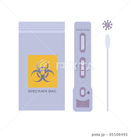 Set of Coronavirus or COVID-19 Antigen rapid test or ATK with positive cassette, plastic bag with biohazard symbol and swab stick, for seft disease detection. Flat vector illustration. 95506493