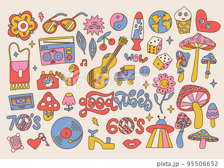 Big set of Retro 70s groovy elements, cute funky hippy stickers. Linear daisy flowers, mushrooms, peace sign, heart, radio in vintage hippie style . Positive symbols. Vector hand drawn illuistration. Big set of Retro 70s groovy elements, cute funky hippy stickers. Linear daisy flowers, mushrooms, peace sign, heart, radio in vintage hippie style . Positive symbols. Vector hand drawn illuistration. 95506652
