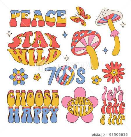 Set of Hippie phrases, hand drawn hippy text and groovy 70s elements. Motivational, Inspirational quote, vintage lettering quotes, retro 60s nostalgic poster, card, t-shirt print vector illustration. Set of Hippie phrases, hand drawn hippy text and groovy 70s elements. Motivational, Inspirational quote, vintage lettering quotes, retro 60s nostalgic poster, card, t-shirt print vector illustration. 95506656