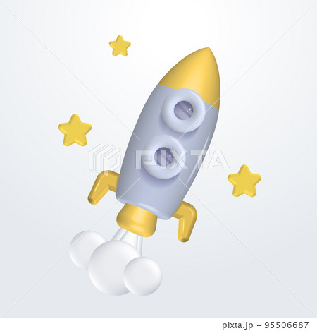 Flying gray and yellow space rocket with cute stars. Spaceship launch business product on market concept. Rocket 3d render icon. Realistic creative conceptual symbol of startup. Vector illustration Flying gray and yellow space rocket with cute stars. Spaceship launch business product on market concept. Rocket 3d render icon. Realistic creative conceptual symbol of startup. Vector illustration 95506687
