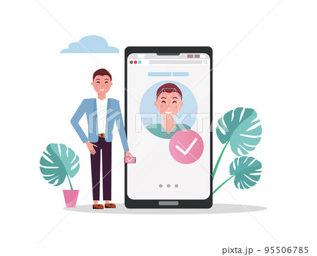 Man with mobile big phone. Accepted male face on smartphone screen, face id concept background, personality recognition, identification. Flat vector illustration. Man with mobile big phone. Accepted male face on smartphone screen, face id concept background, personality recognition, identification. Flat vector illustration. 95506785