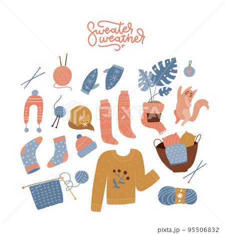 Collection of winter knitted clothes and knitting tools isolated on white background. Cozy woolen jumper, scarf, hat, mittens, socks, needles, yarn and cats. Flat cartoon vector illustration Collection of winter knitted clothes and knitting tools isolated on white background. Cozy woolen jumper, scarf, hat, mittens, socks, needles, yarn and cats. Flat cartoon vector illustration 95506832