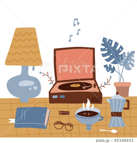 Winter cozy types of retro rest - vinyl records, book reading by the lamp, tea. A phonograph stands on a checkered tablecloth. Table with potted plant and turntable for vinyl record player 95506833
