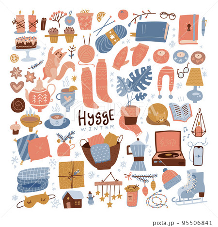 Winter hygge clipart set. Cozy winter flat hand drawn illustration for srickers, logo, cards, posters, wrapping, scrapbooking, patterns. Cute warm home elements collection. Vector illustration. Winter hygge clipart set. Cozy winter flat hand drawn illustration for srickers, logo, cards, posters, wrapping, scrapbooking, patterns. Cute warm home elements collection. Vector illustration. 95506841