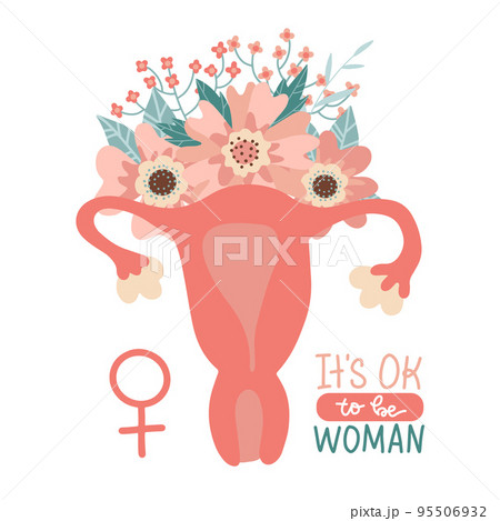 Lettering card with text - It s OK to be woman. Female reproductive system with flowers. My body my choice lettering text. Vector flat hand drawn uterus, womb female reproductive sex organ and plants. Lettering card with text - It s OK to be woman. Female reproductive system with flowers. My body my choice lettering text. Vector flat hand drawn uterus, womb female reproductive sex organ and plants. 95506932
