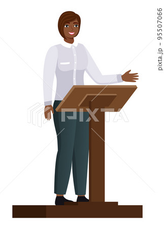Politician woman standing behind rostrum and giving a speech. Female gives lecture stand near podium 95507066
