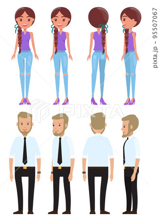 Stylish businessman and cute young girl. Set of man and woman characters front, side, back view 95507067