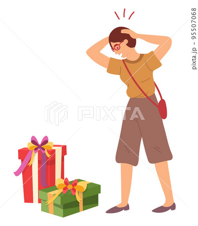 The girl stands and looks in amazement at the gift boxes. Young fashion girl near holliday presents 95507068
