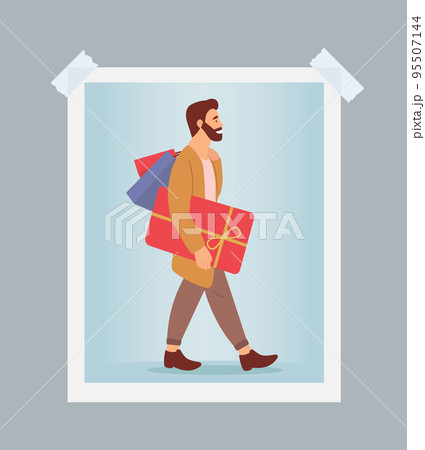 Photo of a serious man with gift boxes in his hands. Young shopper guy posing on the blue background Photo of a serious man with gift boxes in his hands. Young shopper guy posing on the blue background 95507144
