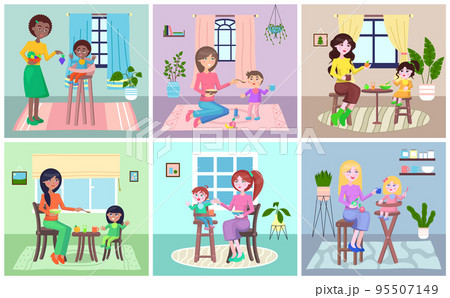 Mother feeding her baby. Self isolation, stay at home concept. Woman sitting at home with her child 95507149