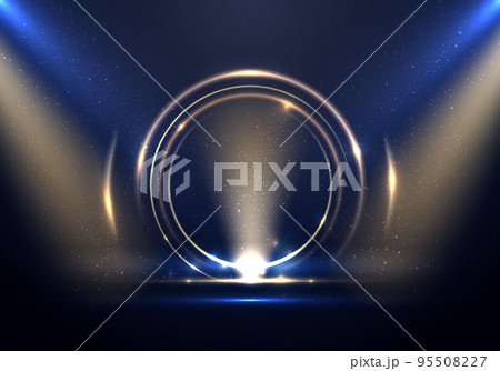 Abstract golden ring circles lighting effect backdrop with spotlight on blue stage background 95508227