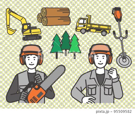 Vector illustration material of forestry workers with chainsaws and icons related to forestry 95509582