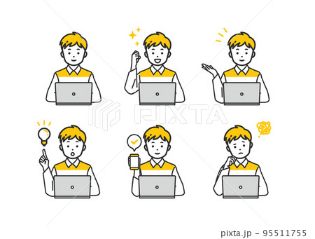 ノートパソコンを操作するシンプルタッチの小学生の男の子のセット 95511755