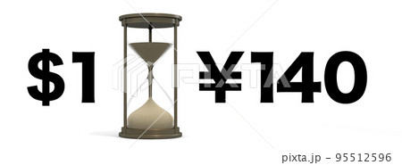 1ドルが140円。円安が進む。時間と砂時計、流れるイメージ。 95512596