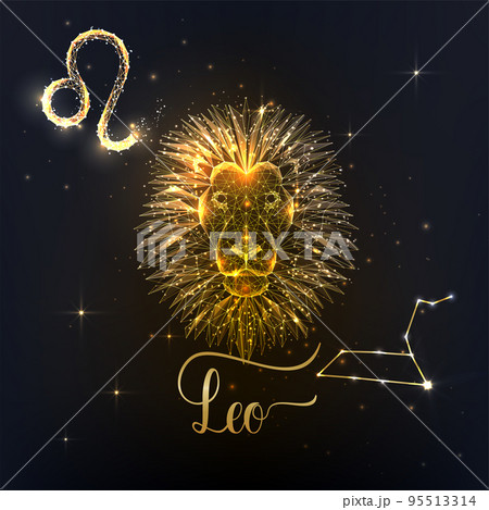 Gold Leo zodiac sign poster with lion zodiac figure, symbol glyphs, constellation and zodiac name  95513314