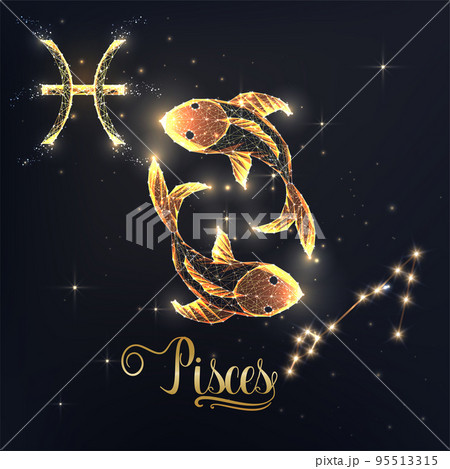 Gold Pisces zodiac sign poster with fish zodiac figure, symbol glyphs, constellation and zodiac name Gold Pisces zodiac sign poster with fish zodiac figure, symbol glyphs, constellation and zodiac name 95513315