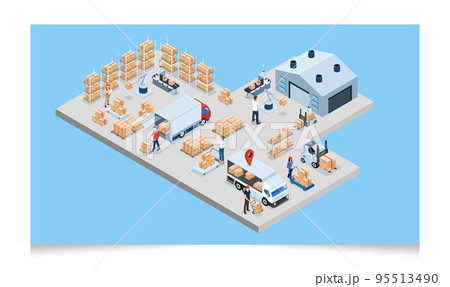 3D isometric Warehouse Logistic concept with Workers loading products on the trucks, Transportation operation service, Export, Import, forklift, pallets, cardboard boxes. Vector illustration EPS 10 95513490