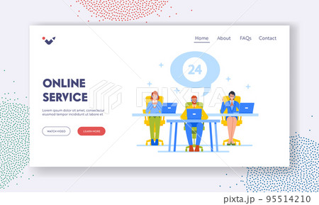 Online Service Landing Page Template. Call Center Operators with Headset Work on Support Hotline in Office Help Clients Online Service Landing Page Template. Call Center Operators with Headset Work on Support Hotline in Office Help Clients 95514210