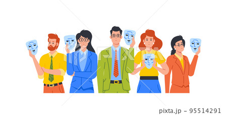 Male And Female Characters Hiding Faces Behind Social Masks With Fake Positive Emotions. Disguising Real Feelings 95514291