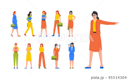 Set Of Business Women, Clerks Or Collars Female Characters Fired From Work, Angry Boss, Girl Cover Face Behind Of Mask 95514304