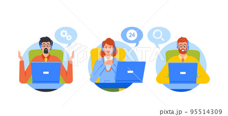 Hotline Operators Help Clients Online. Customer Service Operators Consult People With Headsets On Computers Online Hotline Operators Help Clients Online. Customer Service Operators Consult People With Headsets On Computers Online 95514309