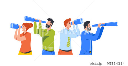 Male And Female Business Characters Looking Through Binoculars And Spy. Business Vision, Recruitment, Visionary Forecast 95514314