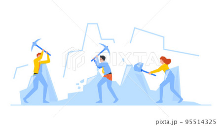 Business Characters Breaking Ice Lumps, Icebreaker Group Of People Using Sledgehammers Working Hard to Break Large Ice 95514325