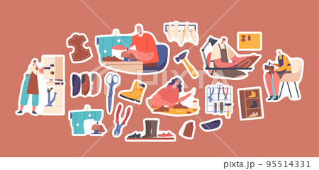 Set of Stickers Shoemakers Create Handmade Footgear. Cobbler Professional Occupation. Craftsman Artisan Characters Set of Stickers Shoemakers Create Handmade Footgear. Cobbler Professional Occupation. Craftsman Artisan Characters 95514331