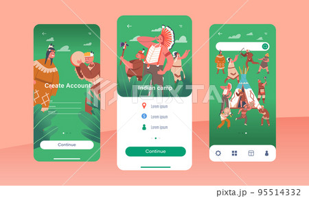 Indian Camp Mobile App Page Onboard Screen Template. Kids Playing American Indians. Cute Boys And Girls Characters Indian Camp Mobile App Page Onboard Screen Template. Kids Playing American Indians. Cute Boys And Girls Characters 95514332