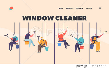 Window Cleaners Landing Page Template. Washers Male Characters in Uniform with Equipment Cleaning Building Glasses Window Cleaners Landing Page Template. Washers Male Characters in Uniform with Equipment Cleaning Building Glasses 95514367