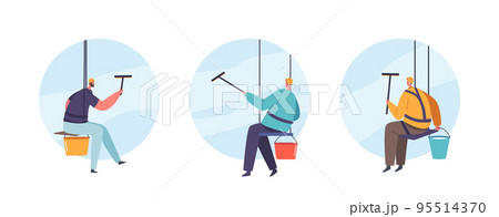 Glass Cleaner Characters Team Washing Skyscraper Windows Isolated Round Icons or Avatars. Washers On Ropes 95514370