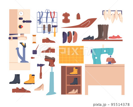 Set of Shoemaker Professional Tools, Instruments and Equipment. Sewing Machine, Scissors, Awl, Glue, Knife and Hammer Set of Shoemaker Professional Tools, Instruments and Equipment. Sewing Machine, Scissors, Awl, Glue, Knife and Hammer 95514378