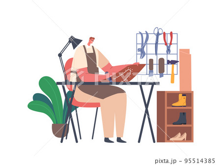 Shoemaker Sitting at Desk Cutting Pattern of Leather Shoe. Craftsman Professional Occupation Concept. Cobbler Artisan 95514385