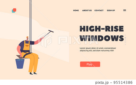 Windows Cleaning Company Landing Page Template. Washers Male Characters Wear Overalls Uniform Washing Window 95514386