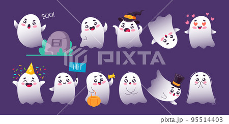 Set Of Cute Ghosts, Cartoon Halloween Characters. Funny Baby Spooks Creatures Wear Caps, Adorable Spirits Illustration 95514403
