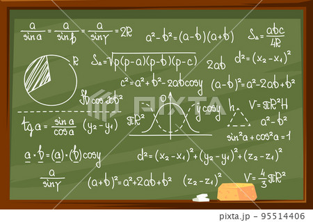 School Board With Mathematical Equations And Formulas. Hand Drawn Diagrams And Graphs For Algebra Lesson, Chalkboard School Board With Mathematical Equations And Formulas. Hand Drawn Diagrams And Graphs For Algebra Lesson, Chalkboard 95514406