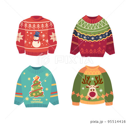 Set Of Cute Ugly Christmas Sweaters With Snowman, Deer And Xmas Tree. Blue, Red And Green Winter Jumpers Illustration 95514416