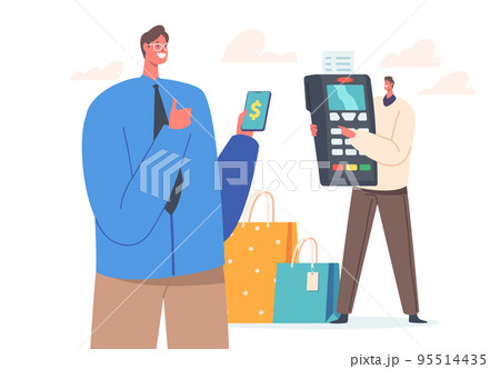 Secure Payment Concept. Men Buyers Hold Smartphone and Huge Pos Terminal for Paying with Card in Supermarket or Online Secure Payment Concept. Men Buyers Hold Smartphone and Huge Pos Terminal for Paying with Card in Supermarket or Online 95514435